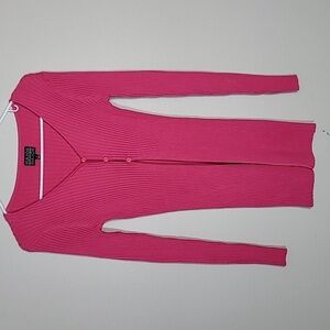 Y2K Vintage Ribbed Knit Long Cardigan Size S Pink Button Fitted Bella Elena 90s